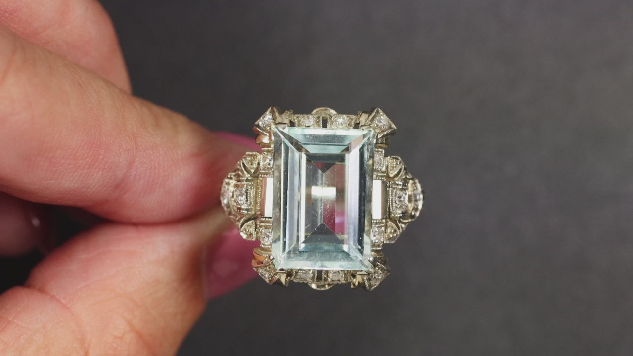 VINTAGE AQUAMARINE DIAMOND COCKTAIL RING EMERALD CUT MID CENTURY 18k WHITE GOLD