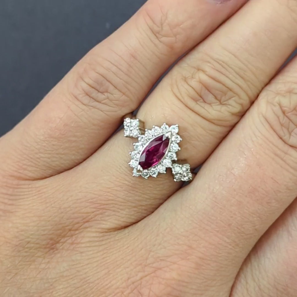 1.37ct MARQUISE RUBY DIAMOND COCKTAIL RING PLATINUM HALO NATURAL CLUSTER RED