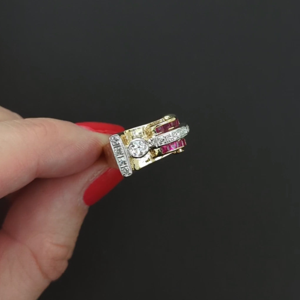 VINTAGE DIAMOND RUBY COCKTAIL RING ART DECO 14k GOLD OLD EUROPEAN CUT CHUNKY