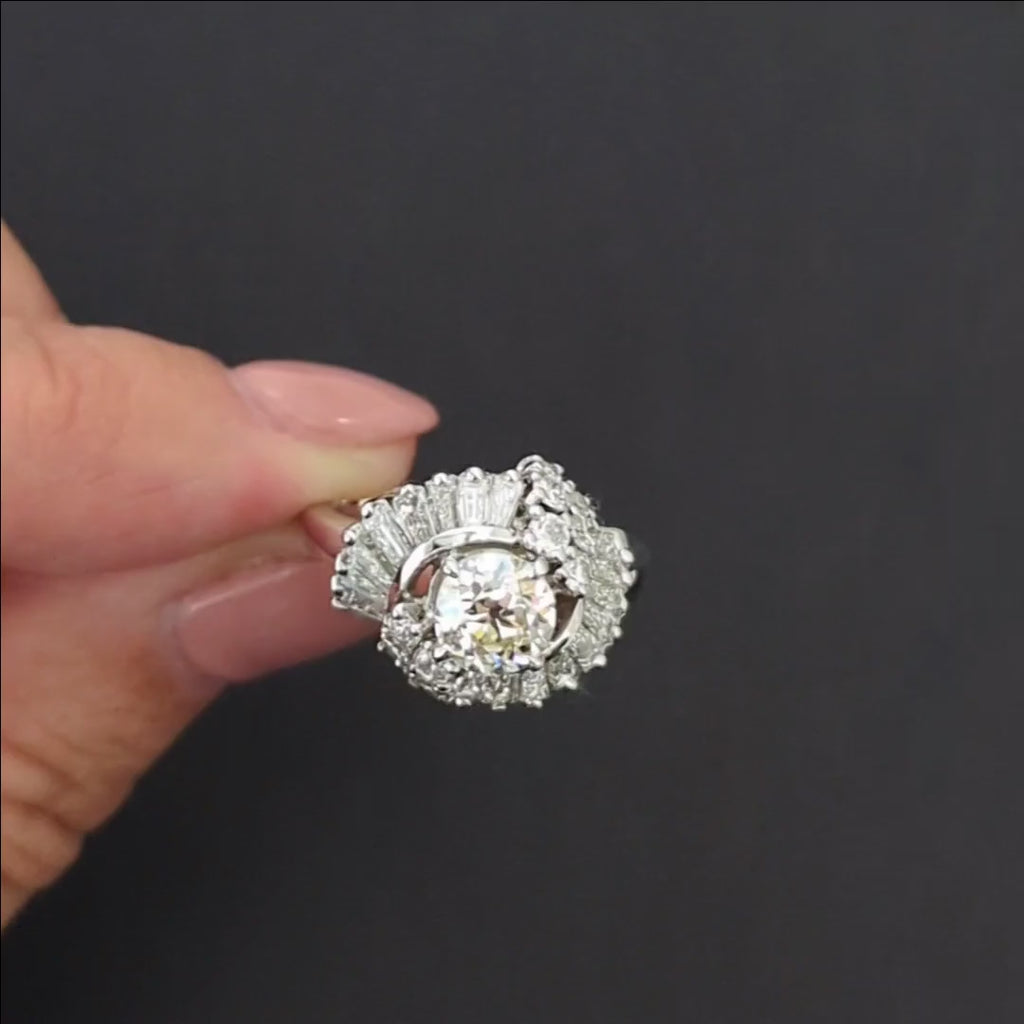 1.21ct OLD EUROPEAN CUT DIAMOND VINTAGE COCKTAIL RING 14k WHITE GOLD RETRO HALO