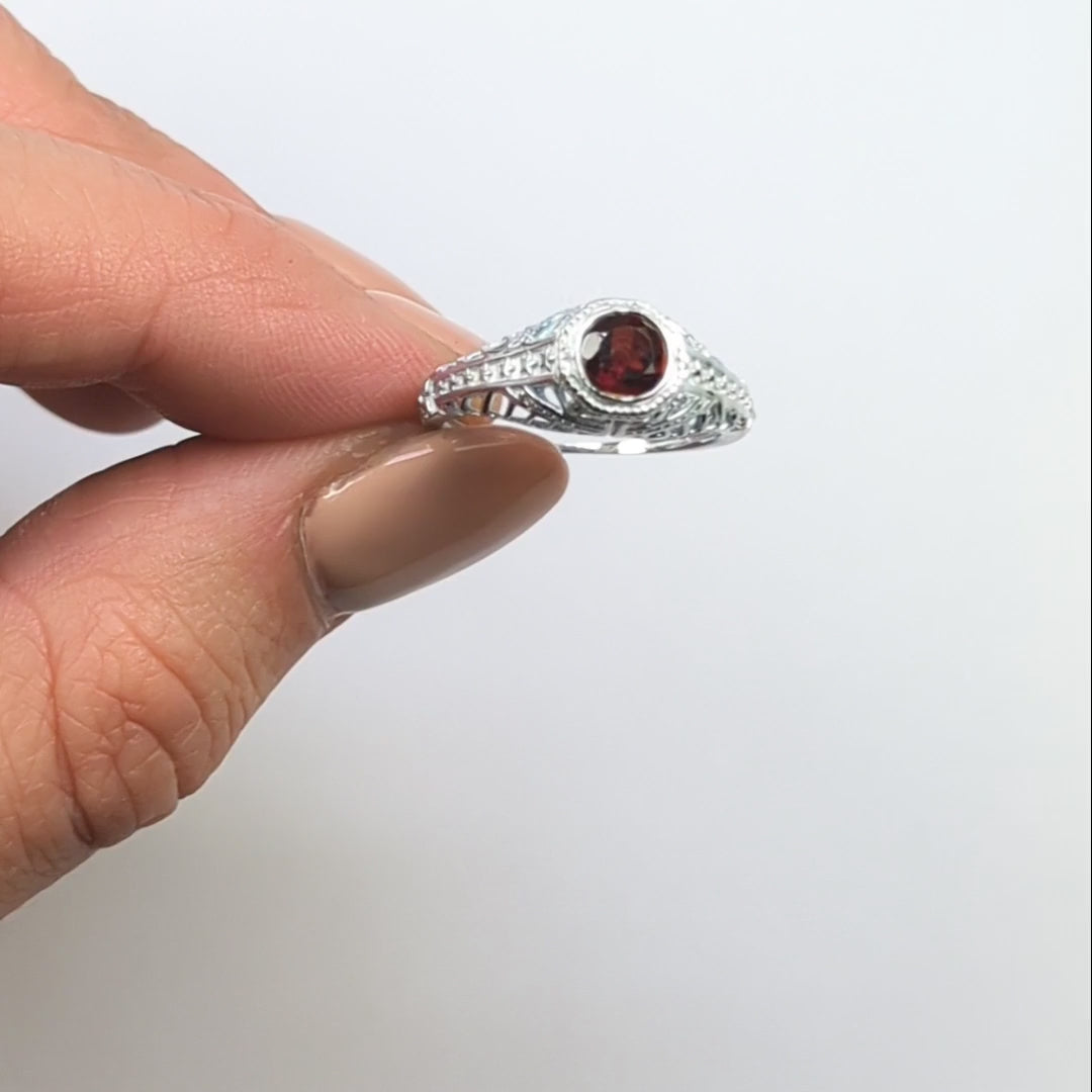 GARNET STERLING SILVER RING VINTAGE STYLE FILIGREE SOLITAIRE GEMSTONE ART DECO