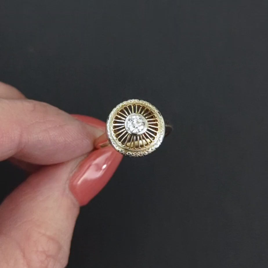 VINTAGE DIAMOND COCKTAIL RING 1/4ct OLD EUROPEAN CUT 14k YELLOW GOLD WHEEL SPOKE