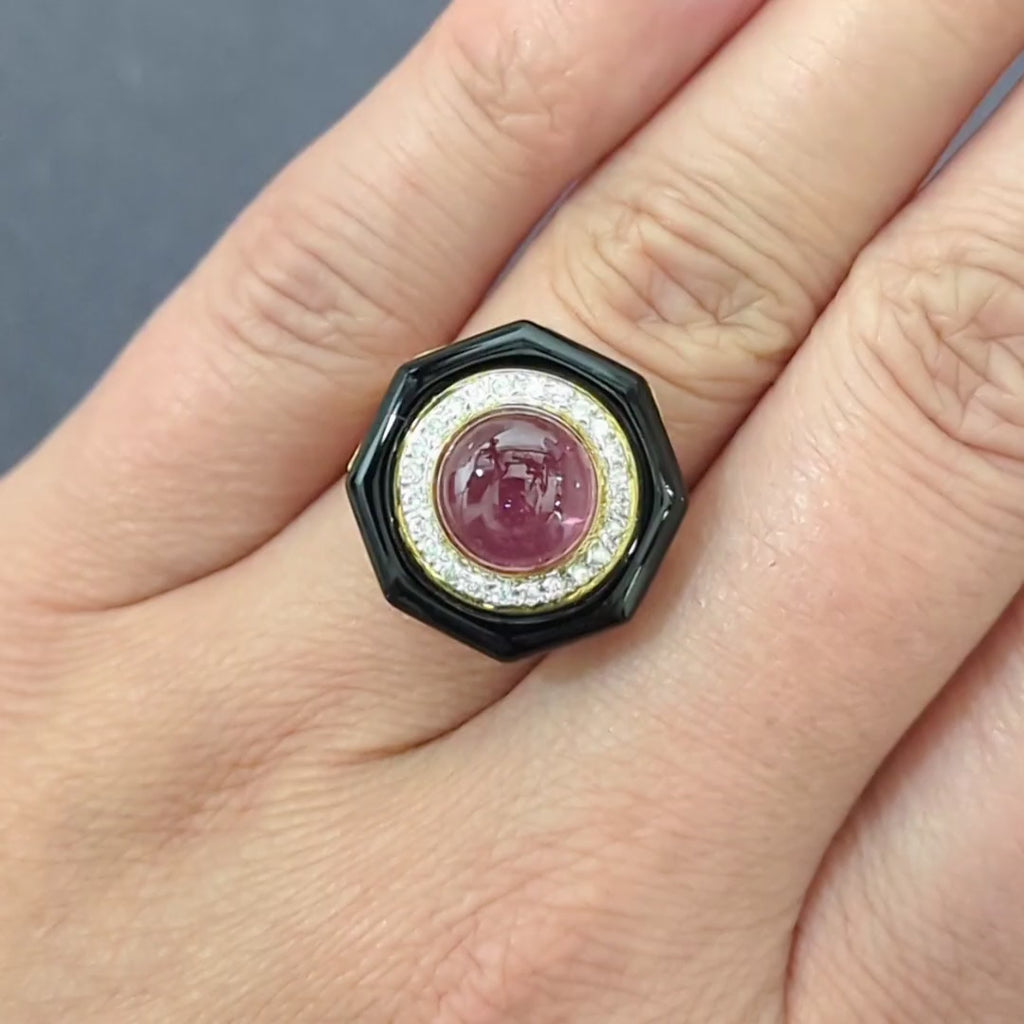 VINTAGE PINK TOURMALINE DIAMOND BLACK ONYX COCKTAIL RING 14k YELLOW GOLD OCTAGON