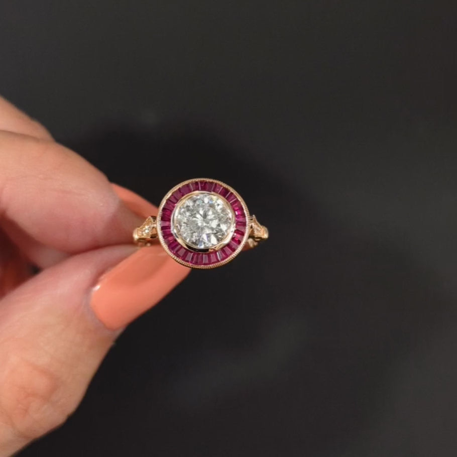 1.79ct DIAMOND RUBY VINTAGE STYLE RING ART DECO TARGET HALO NATURAL ROUND CUT