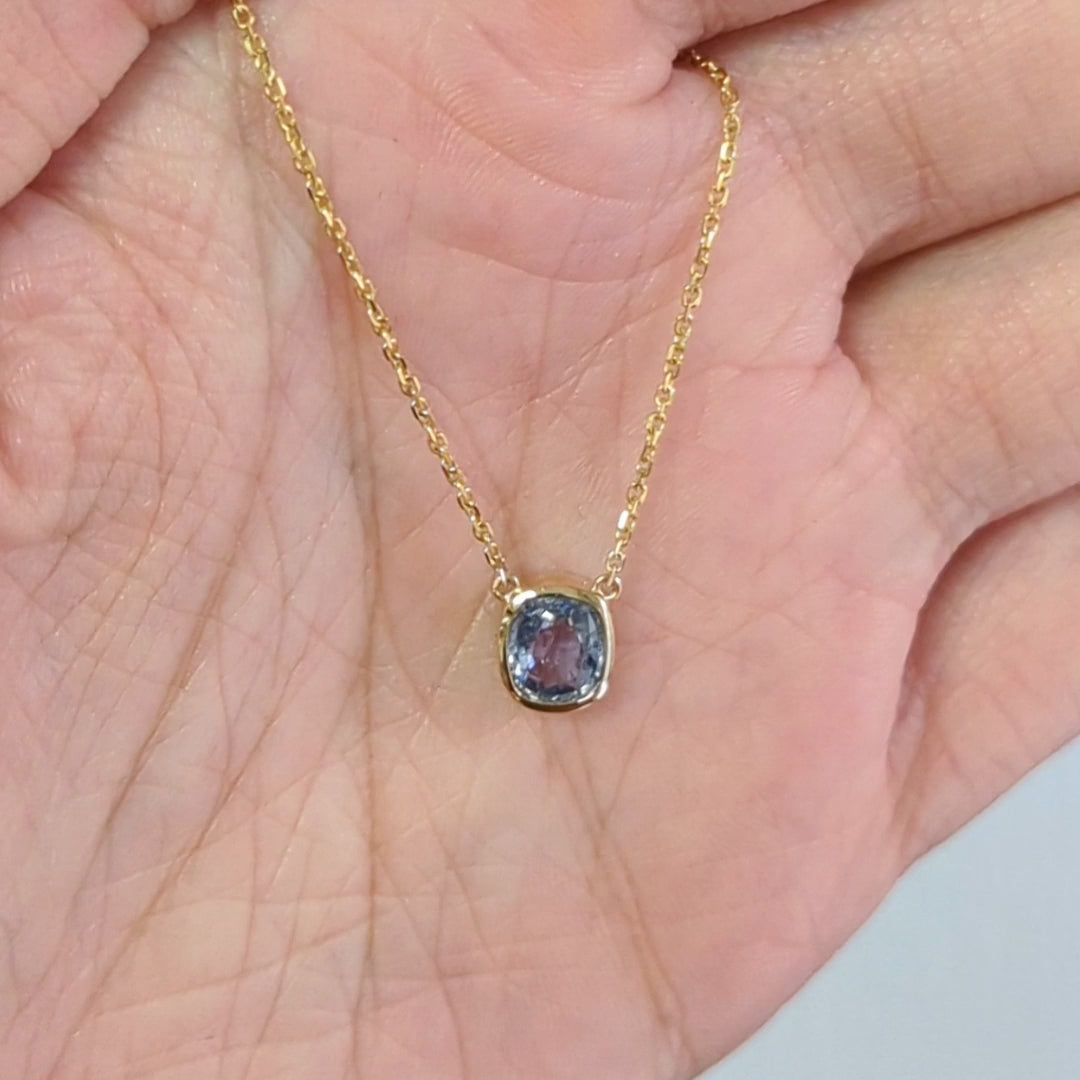 BLUE SAPPHIRE PENDANT NECKLACE CUSHION SHAPE BEZEL 14K YELLOW GOLD NATURAL 1ct