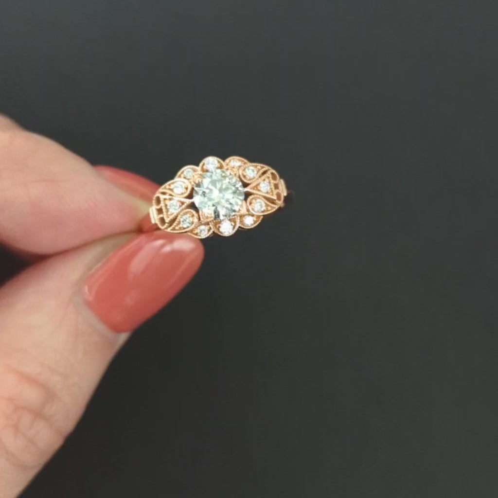 VINTAGE STYLE DIAMOND ENGAGEMENT RING FILIGREE 14k ROSE GOLD NATURAL ROUND CUT