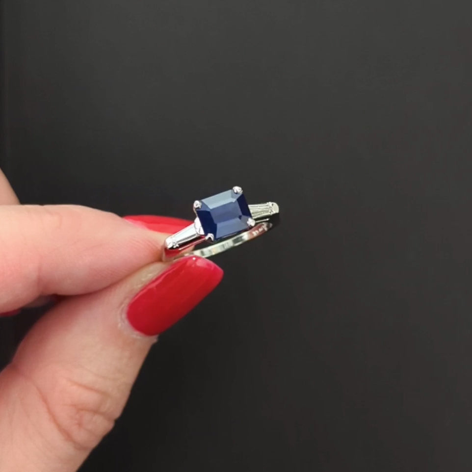 2.15c SAPPHIRE DIAMOND THREE STONE RING PLATINUM ENGAGEMENT ASSCHER CUT COCKTAIL