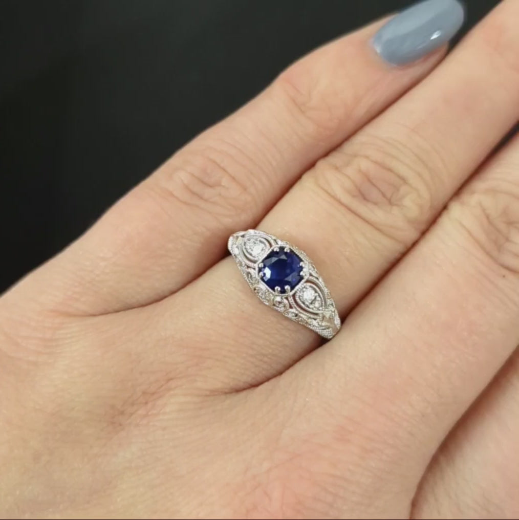 SAPPHIRE DIAMOND VINTAGE STYLE RING ENGAGEMENT 14k WHITE GOLD NATURAL FILIGREE