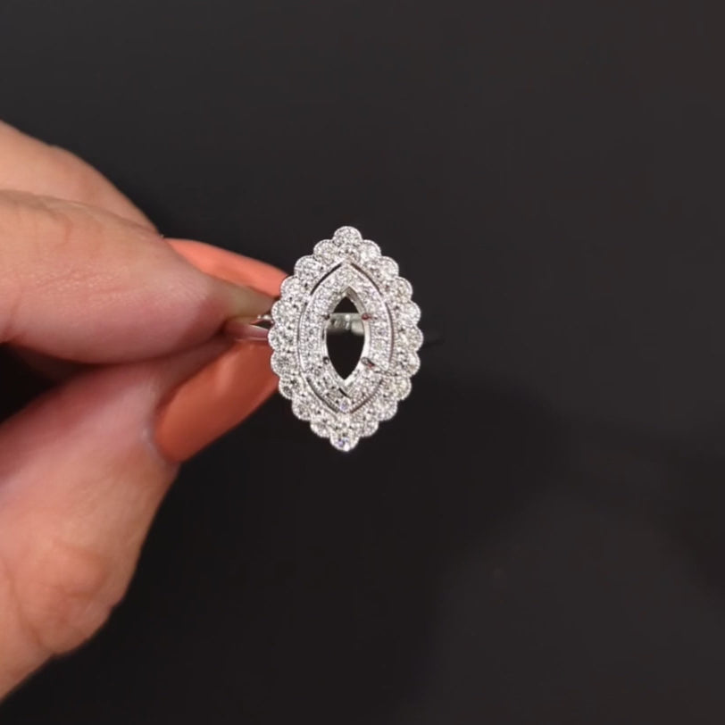 MARQUISE SHAPE DIAMOND RING SETTING VINTAGE STYLE SCALLOPED DOUBLE HALO MOUNT