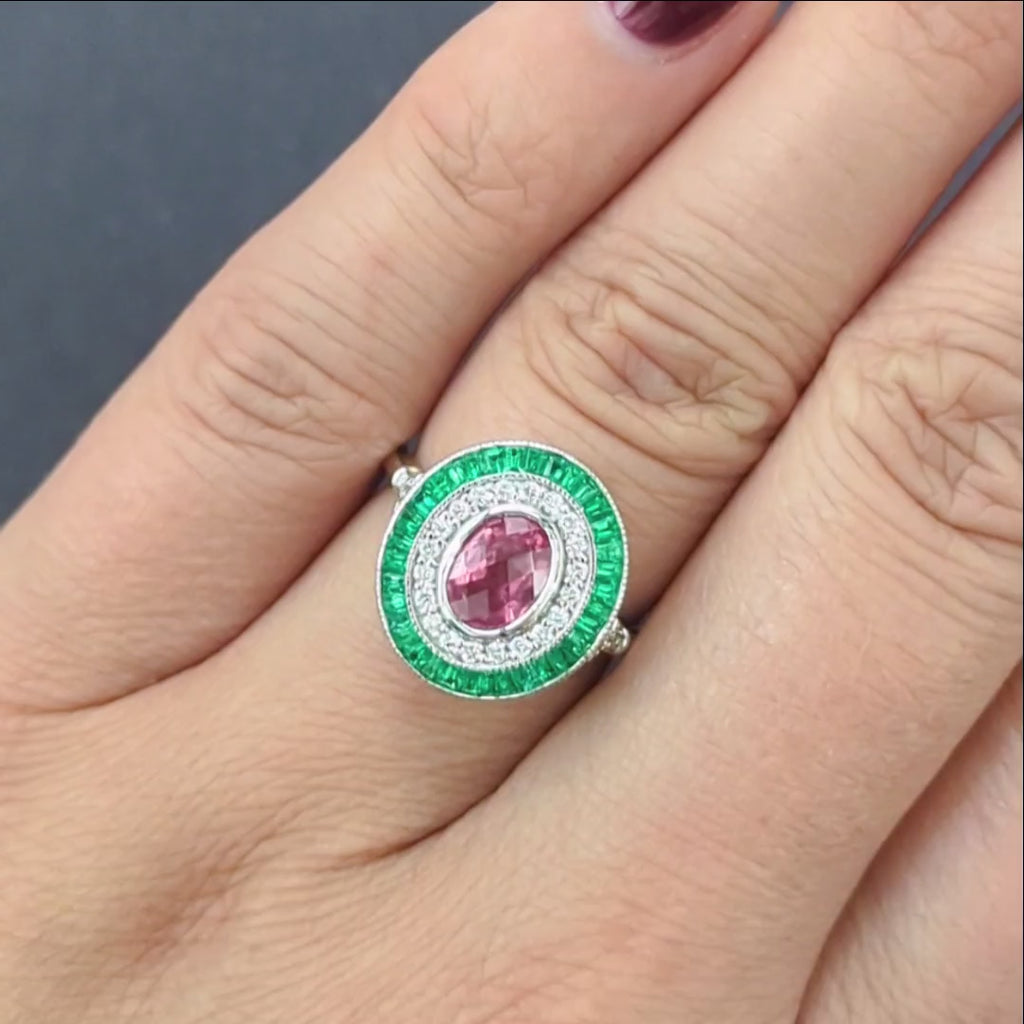 PINK SAPPHIRE DIAMOND EMERALD COCKTAIL RING DOUBLE HALO NATURAL 14k WHITE GOLD