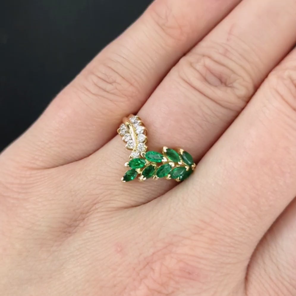 EMERALD DIAMOND COCKTAIL RING 14k YELLOW GOLD NATURAL V SHAPE BOTANICAL 1ct