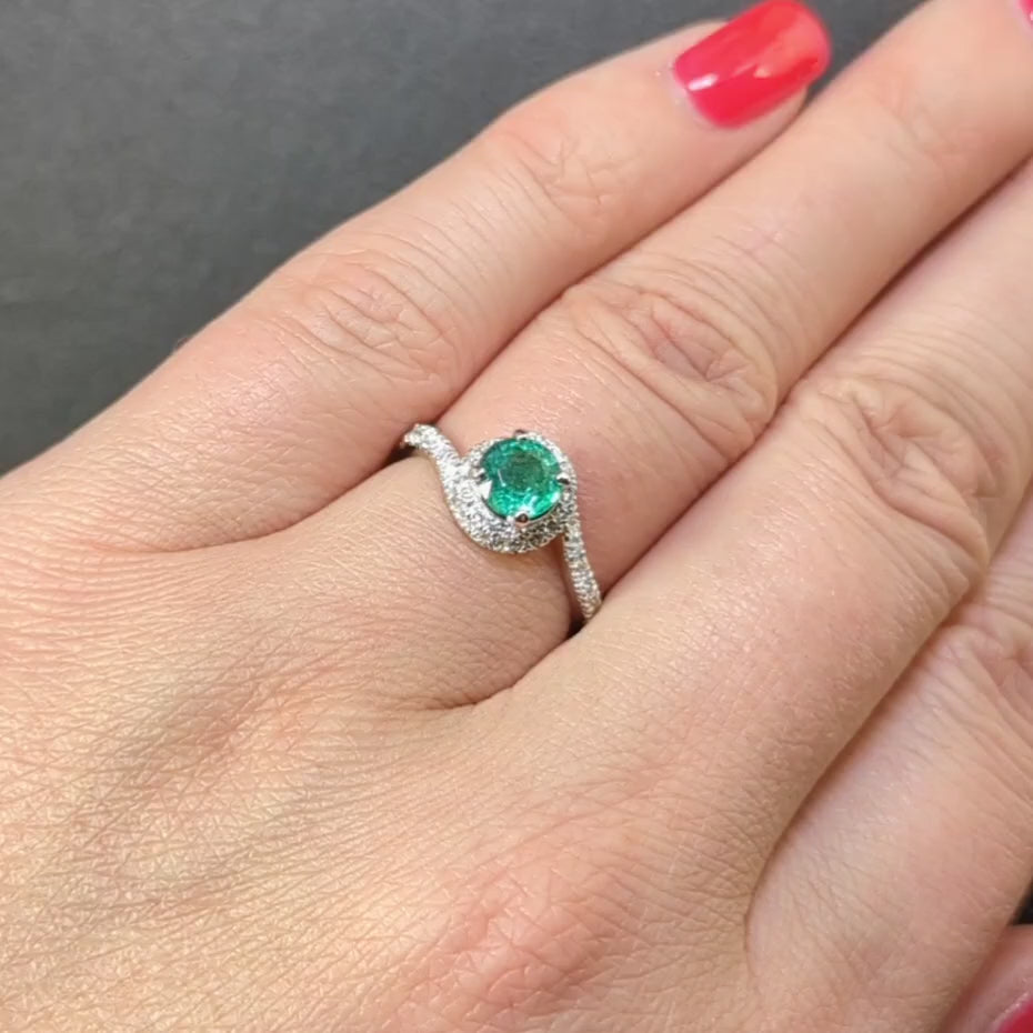 EMERALD DIAMOND COCKTAIL RING BYPASS HALO 14k WHITE GOLD NATURAL GREEN ROUND