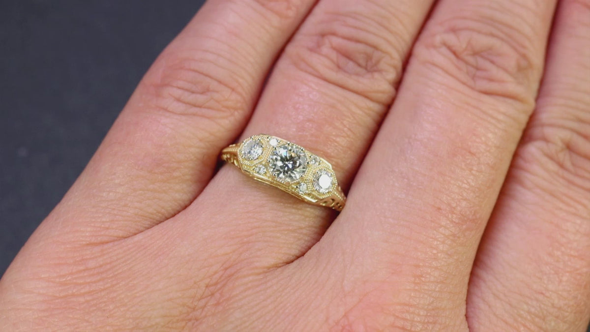 GIA CERTIFIED DIAMOND VINTAGE STYLE ENGAGEMENT RING ROUND CUT 14k YELLOW GOLD