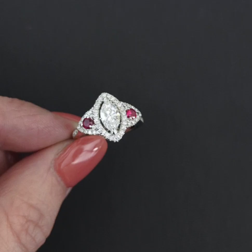 DIAMOND RUBY ENGAGEMENT RING MARQUISE CUT NATURAL THREE STONE HALO WHITE GOLD