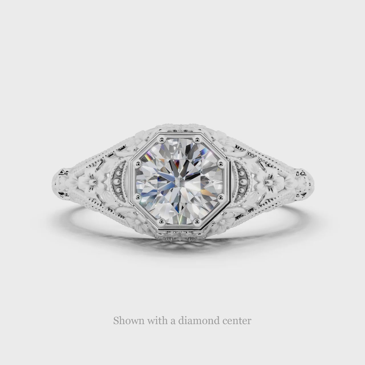 ART DECO STYLE PLATINUM ENGAGEMENT RING SETTING FLORAL MOUNT ENGRAVED ROUND 6MM