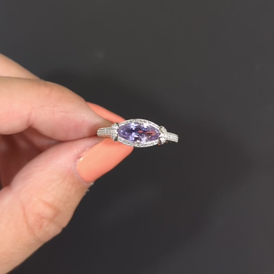 PURPLE SAPPHIRE DIAMOND VINTAGE STYLE RING MARQUISE SHAPE EAST WEST WHITE GOLD