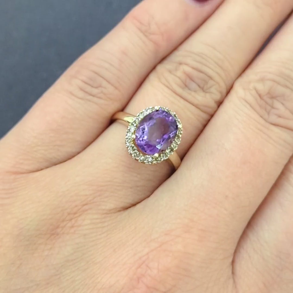 AMETHYST DIAMOND 14k YELLOW GOLD COCKTAIL RING OVAL SHAPE HALO NATURAL PURPLE