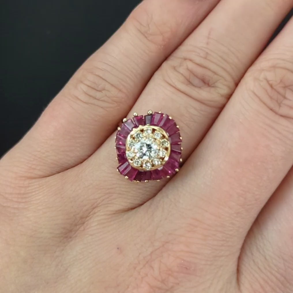 VINTAGE DIAMOND RUBY COCKTAIL RING 14k YELLOW GOLD BALLERINA CLUSTER NATURAL