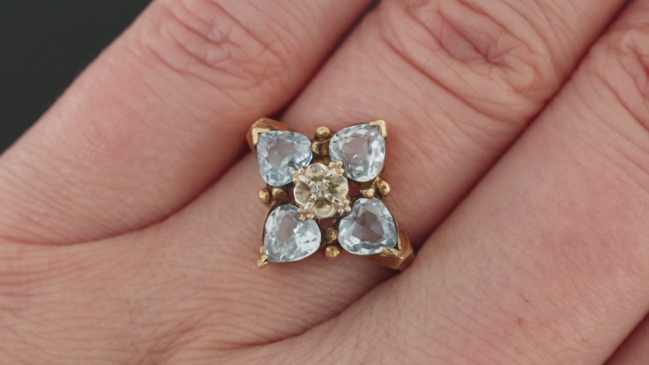 AQUAMARINE DIAMOND VINTAGE COCKTAIL RING 10k YELLOW GOLD NATURAL FLORAL HEART