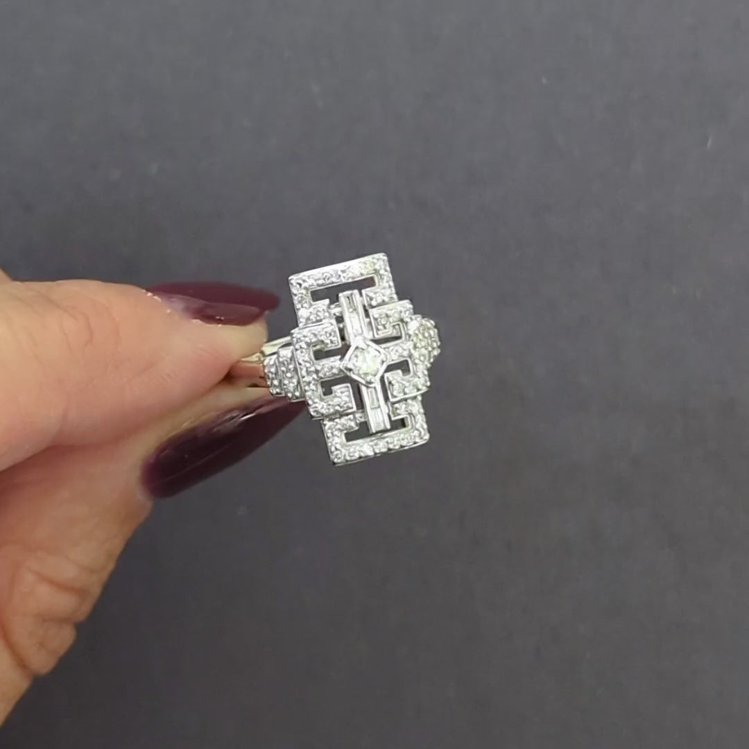 VINTAGE DIAMOND COCKTAIL RING 14k WHITE GOLD GEOMETRIC PATTERN MAZE STATEMENT