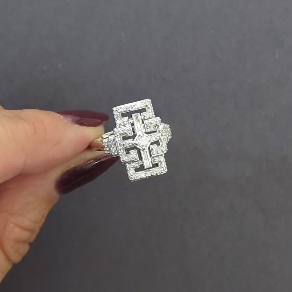 VINTAGE DIAMOND COCKTAIL RING 14k WHITE GOLD GEOMETRIC PATTERN MAZE STATEMENT