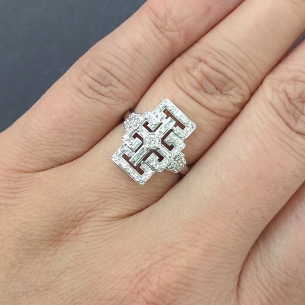 VINTAGE DIAMOND COCKTAIL RING 14k WHITE GOLD GEOMETRIC PATTERN MAZE STATEMENT