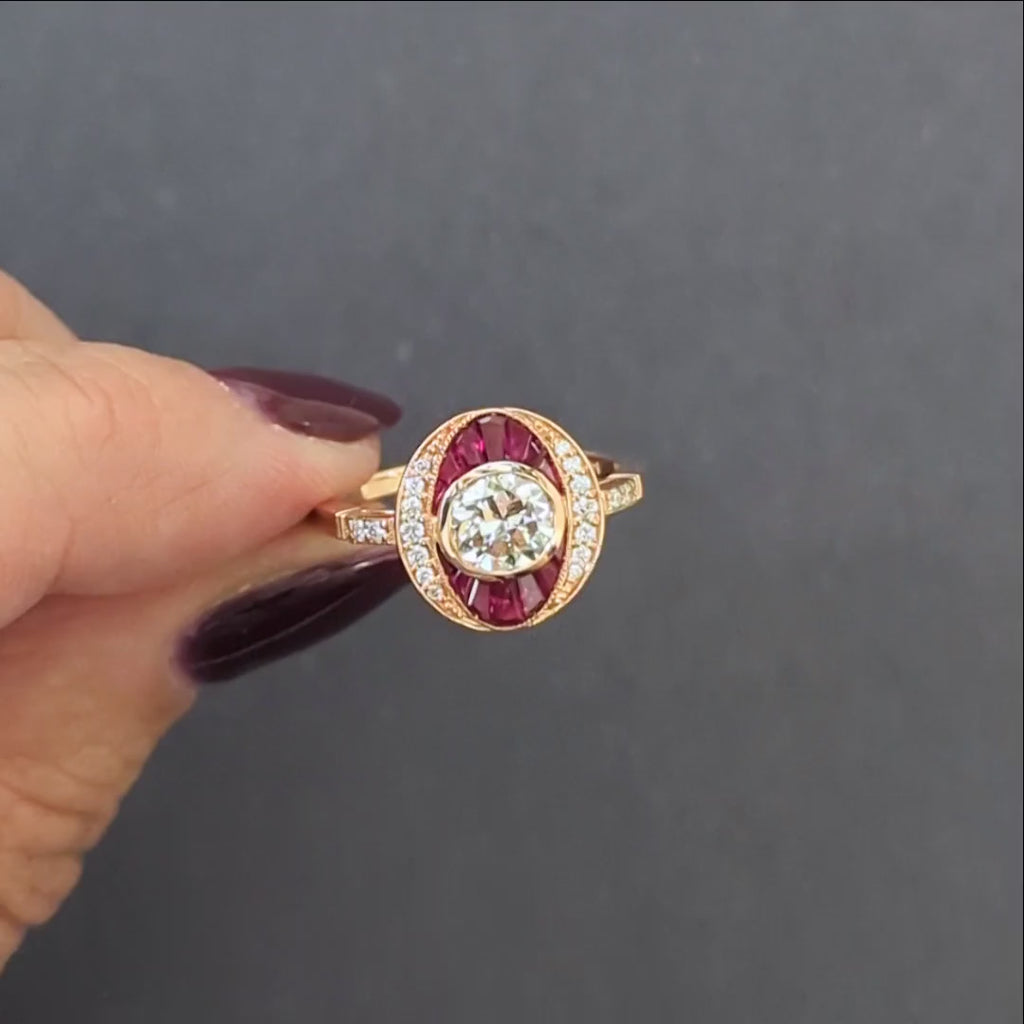 1.59ct OLD EUROPEAN CUT DIAMOND RUBY COCKTAIL RING 14k ROSE GOLD VINTAGE STYLE