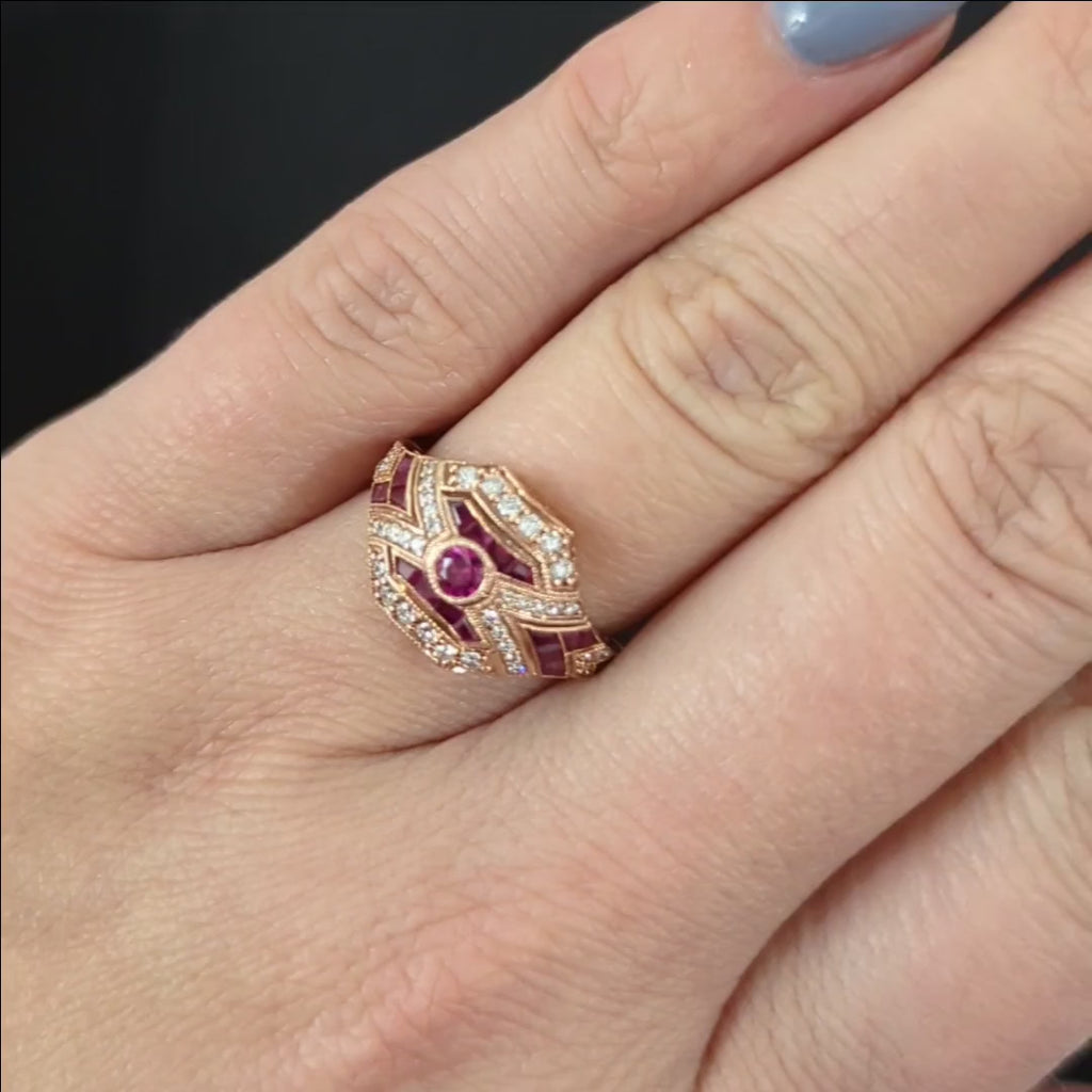 RUBY DIAMOND ART DECO STYLE RING 14k ROSE GOLD NATURAL VINTAGE COCKTAIL RED