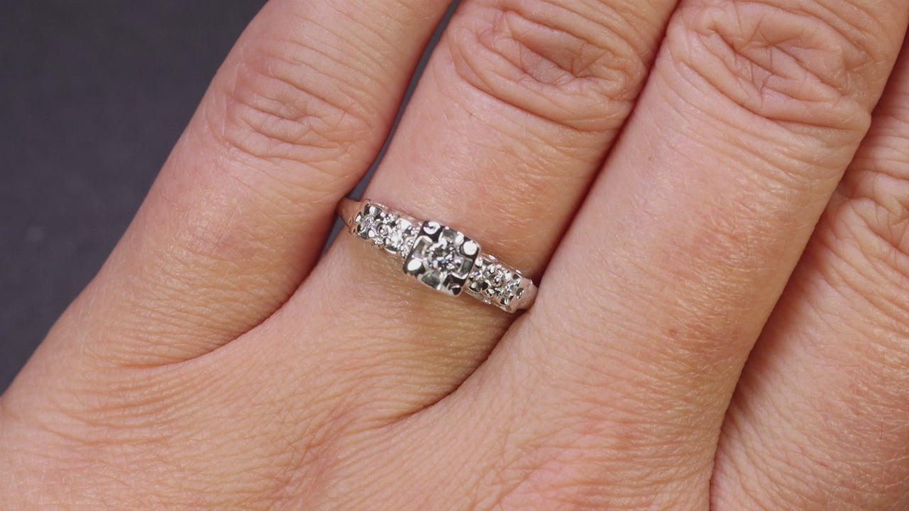 VINTAGE DIAMOND ENGAGEMENT RING MID CENTURY ILLUSION CLASSIC 14k WHITE GOLD