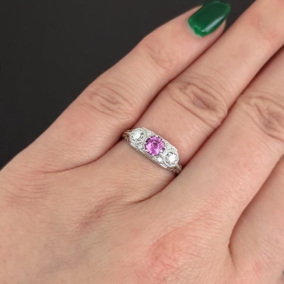 DIAMOND 5mm ROUND VINTAGE STYLE ENGAGEMENT RING SETTING WHITE GOLD 3 STONE MOUNT