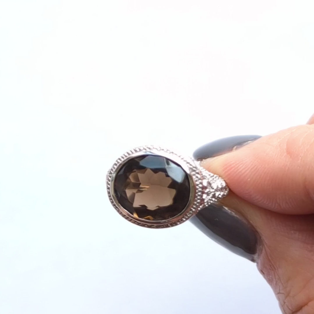 SMOKY QUARTZ STERLING SILVER RING VINTAGE STYLE EAST WEST OVAL FILIGREE NATURAL