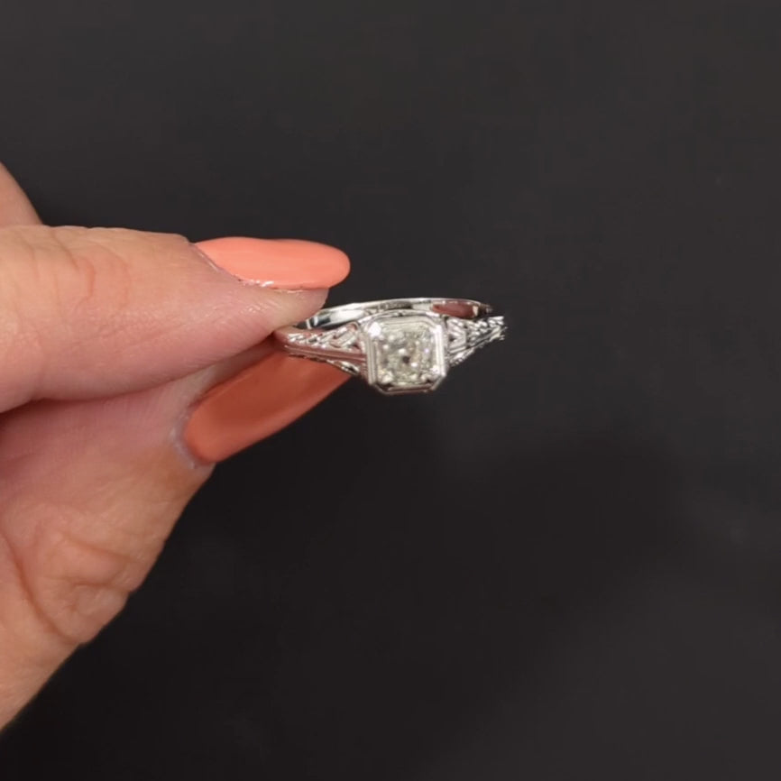 OLD MINE CUT DIAMOND SOLITAIRE RING VINTAGE STYLE FILIGREE 14k WHITE GOLD 1/2ct