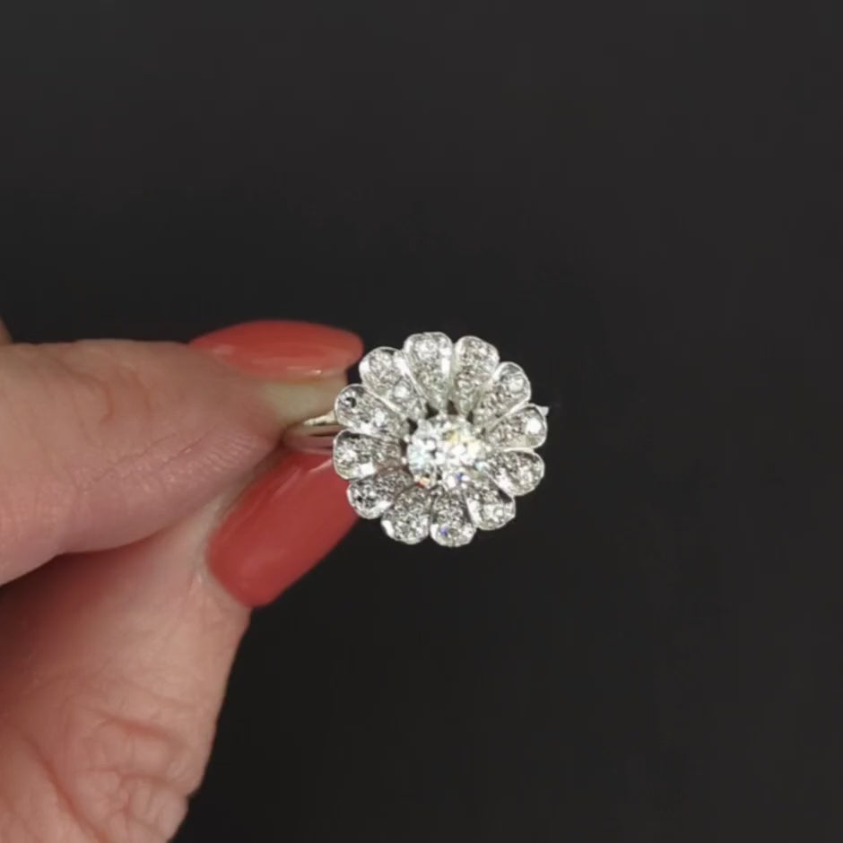 VINTAGE DIAMOND COCKTAIL RING OLD EUROPEAN CUT 0.90ct 14k WHITE GOLD CLUSTER