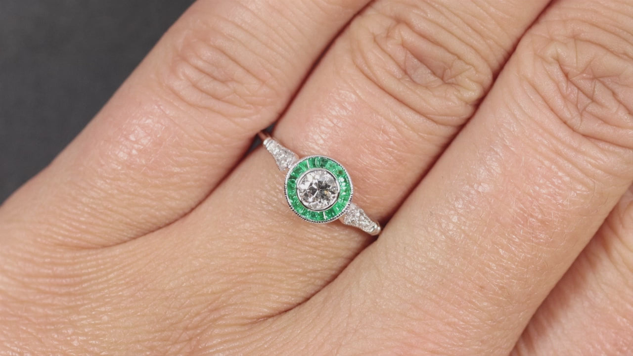 OLD EUROPEAN CUT DIAMOND ENGAGEMENT RING EMERALD TARGET VINTAGE STYLE ART DECO