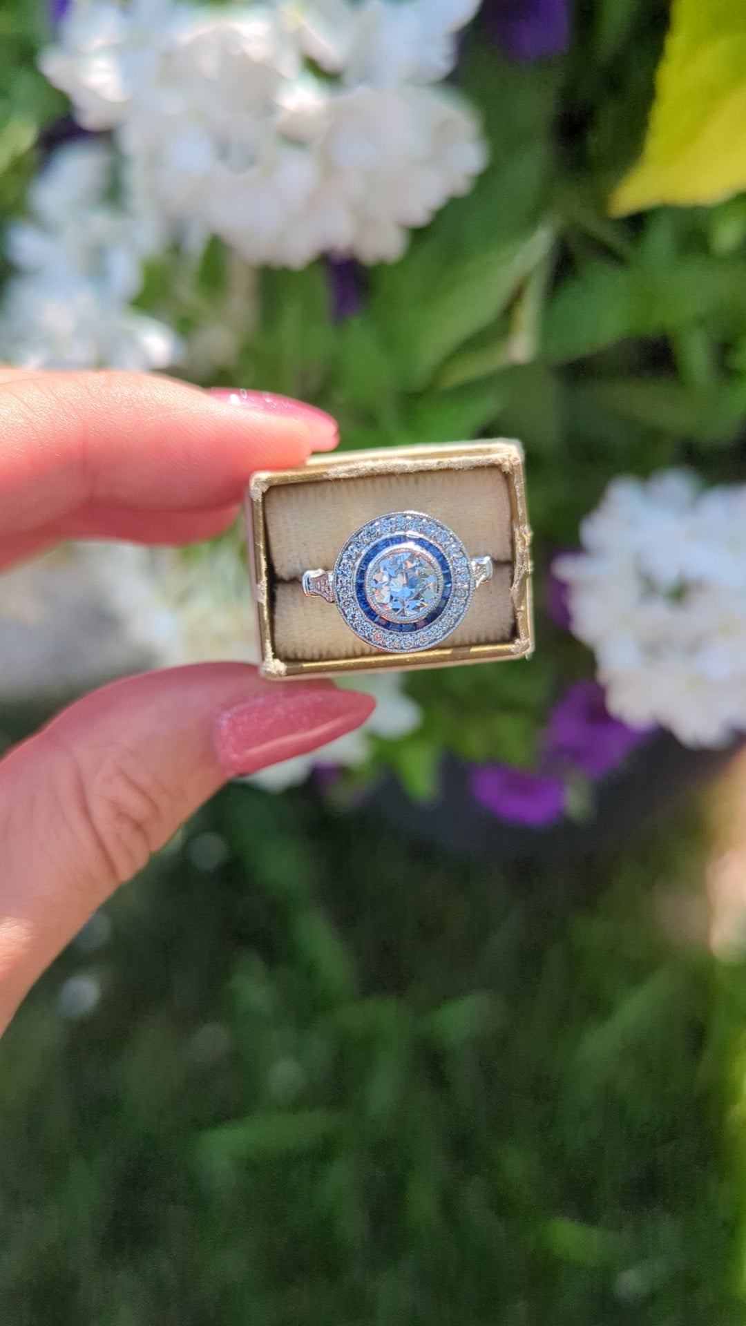1 CARAT OLD EUROPEAN CUT DIAMOND SAPPHIRE RING VINTAGE STYLE HALO 14k WHITE GOLD