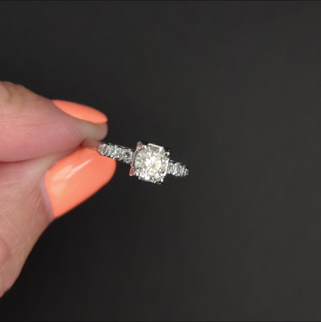 VINTAGE DIAMOND ENGAGEMENT RING VERY GOOD ROUND CUT 14k WHITE GOLD 1/2ct CLASSIC
