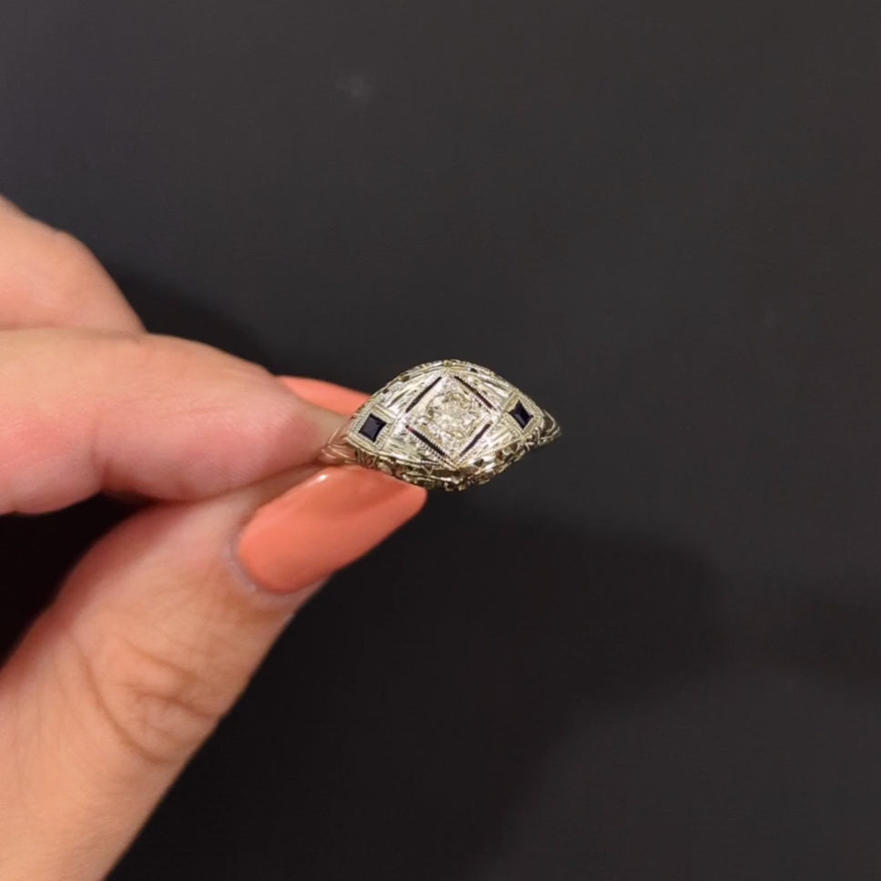 ART DECO DIAMOND SAPPHIRE RING 18k WHITE GOLD VINTAGE FLORAL DOME COCKTAIL 1920s