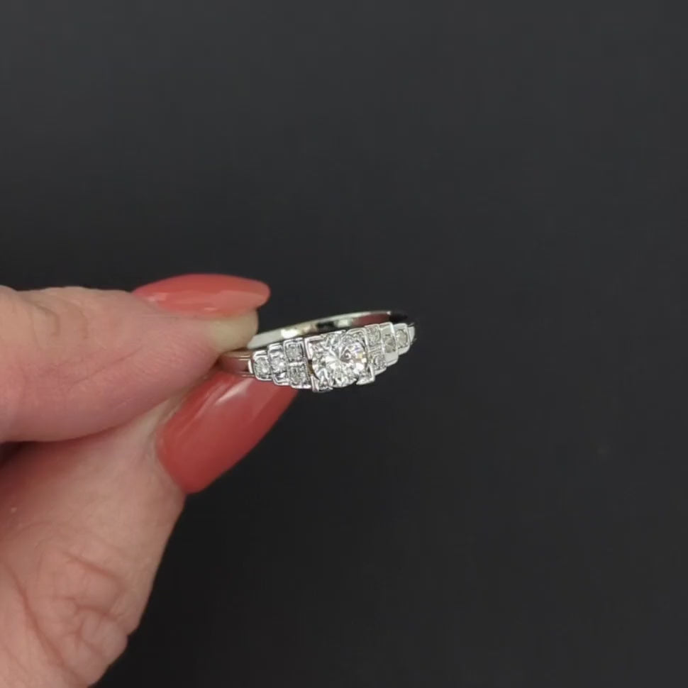 VINTAGE DIAMOND ENGAGEMENT RING 18k WHITE GOLD OLD CUT CLASSIC RETRO ESTATE