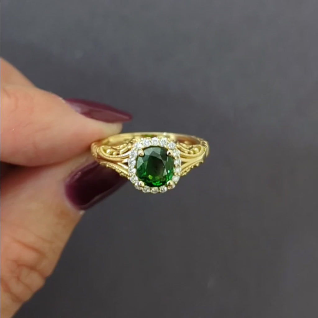 VINTAGE STYLE GREEN TOURMALINE DIAMOND COCKTAIL RING YELLOW GOLD HALO CUSHION