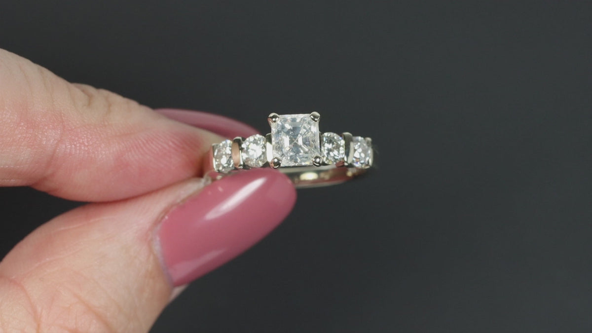 VINTAGE 1 CARAT ASSCHER CUT DIAMOND ENGAGEMENT RING NATURAL ROUND CHANNEL 14k