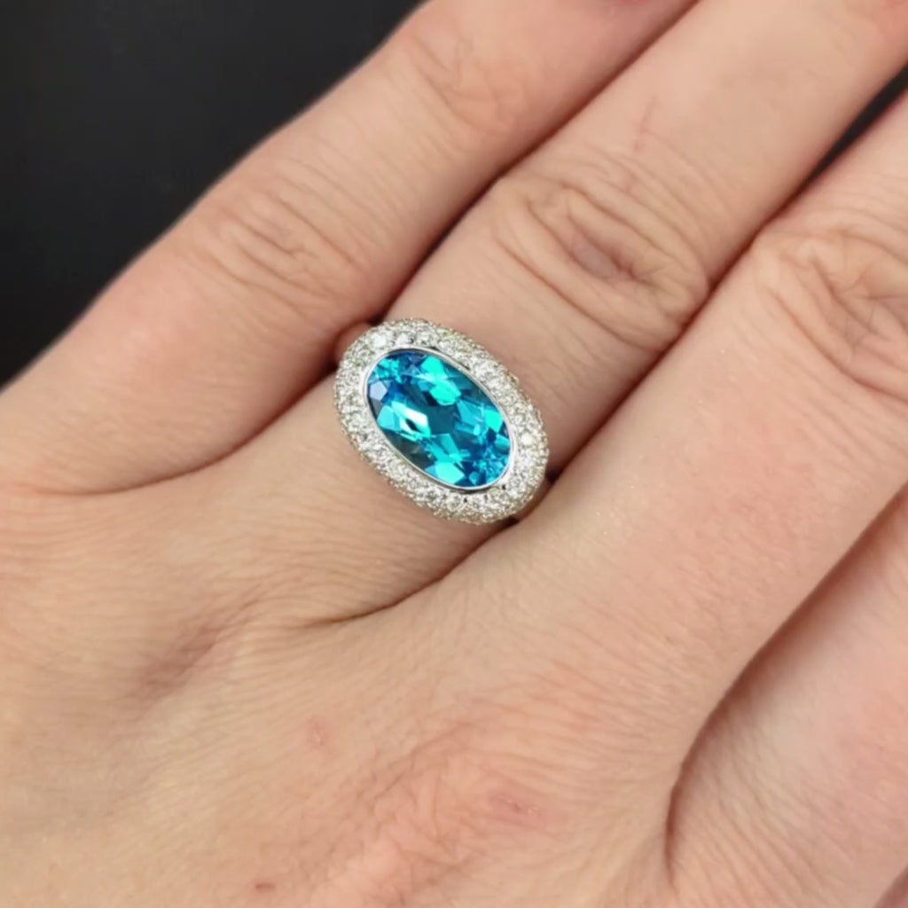 SWISS BLUE TOPAZ DIAMOND HALO RING 14k WHITE GOLD EAST WEST OVAL SHAPE BEZEL