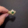VINTAGE EMERALD DIAMOND COCKTAIL RING 18k YELLOW GOLD HANDMADE HALO NATURAL