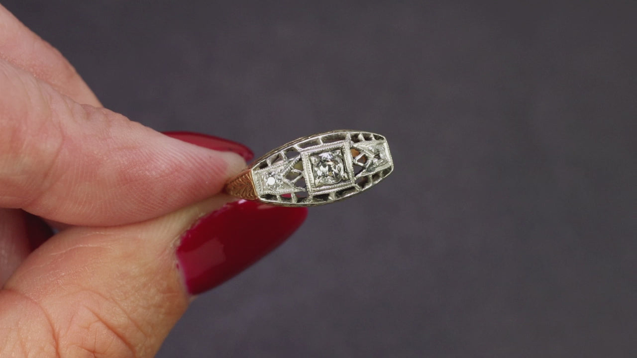 ANTIQUE DIAMOND ENGAGEMENT RING 3 STONE OLD MINE CUT FILIGREE 14k GOLD PLATINUM