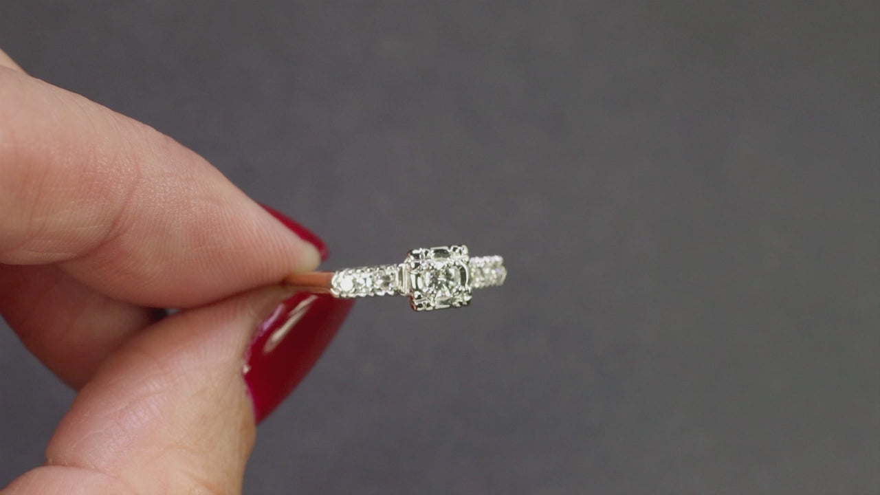 VINTAGE DIAMOND ENGAGEMENT RING 14K TWO TONE GOLD ART DECO ILLUSION ESTATE ROUND