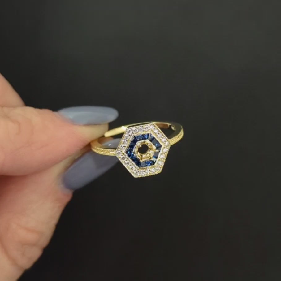 DIAMOND SAPPHIRE RING SETTING 4mm SEMI MOUNT VINTAGE STYLE ART DECO YELLOW GOLD