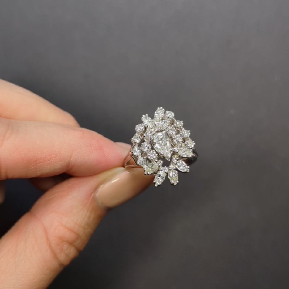 1.80ct VINTAGE DIAMOND CLUSTER RING STATEMENT COCKTAIL NATURAL 14k WHITE GOLD