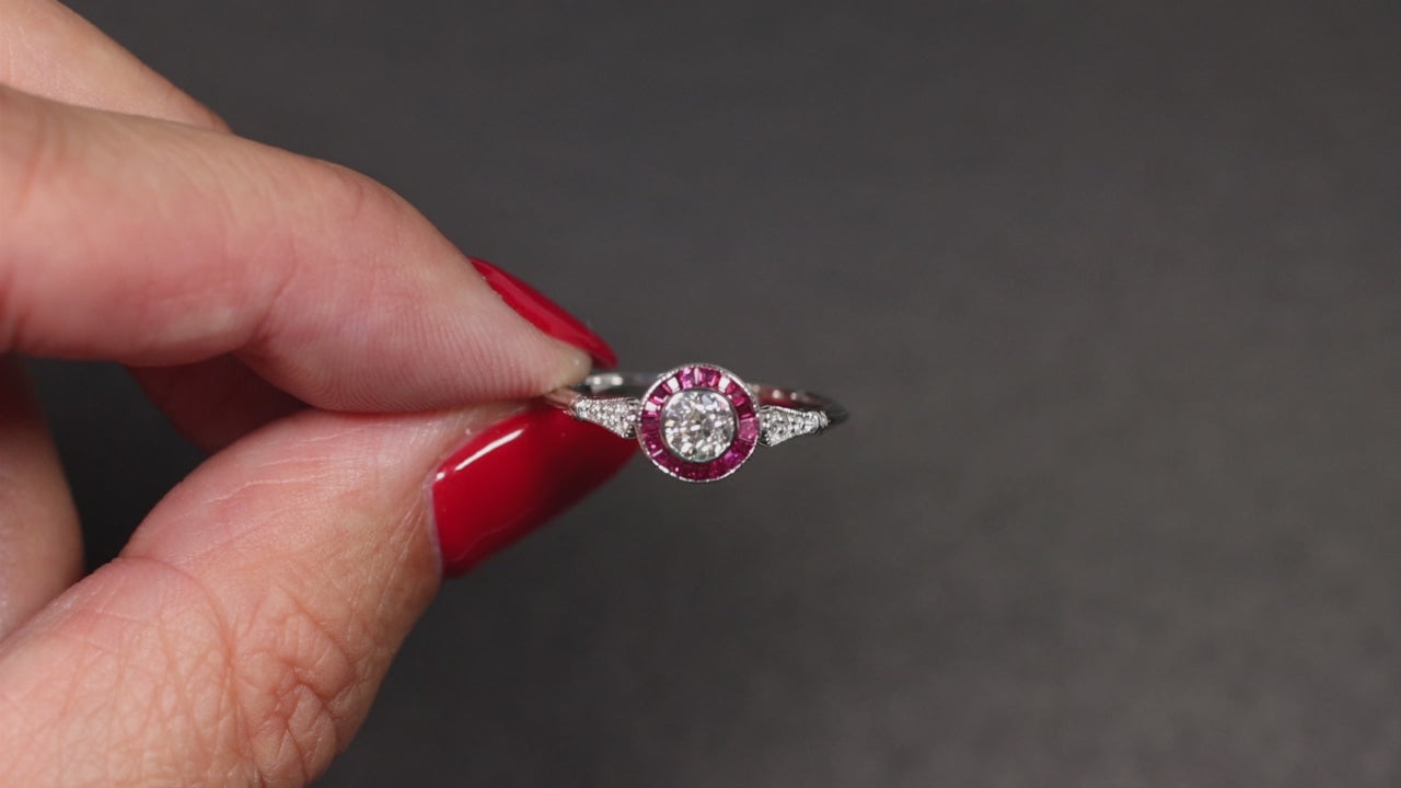 OLD EUROPEAN CUT DIAMOND ENGAGEMENT RING RUBY VINTAGE STYLE TARGET ART DECO