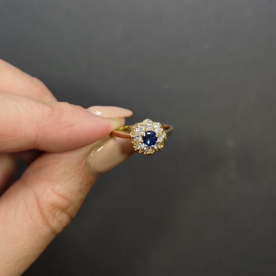 SAPPHIRE DIAMOND HALO RING 14k YELLOW GOLD NATURAL ROUND CUT COCKTAIL BLUE .78ct