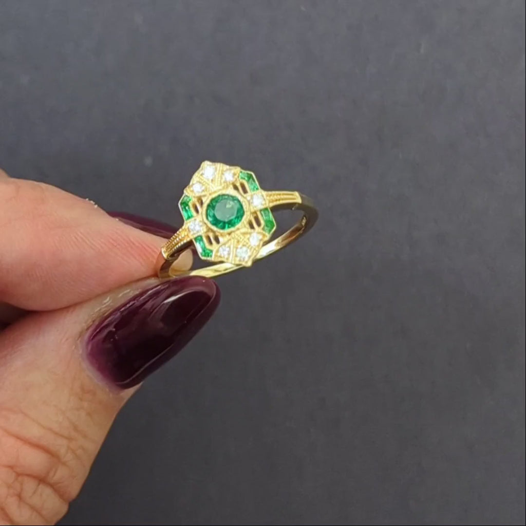 VINTAGE STYLE EMERALD DIAMOND COCKTAIL RING 14k YELLOW GOLD ART DECO NATURAL