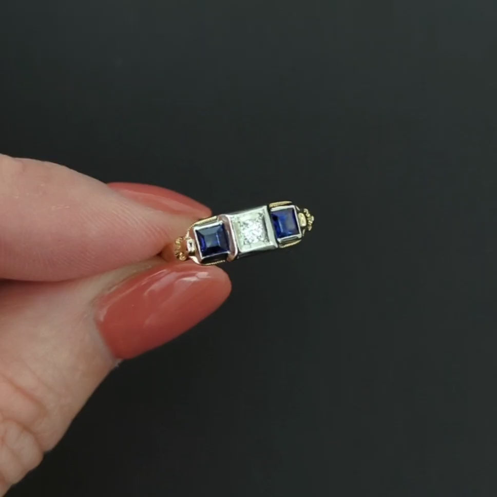 VINTAGE DIAMOND SAPPHIRE COCKTAIL RING TWO TONE 14k YELLOW WHITE GOLD ESTATE